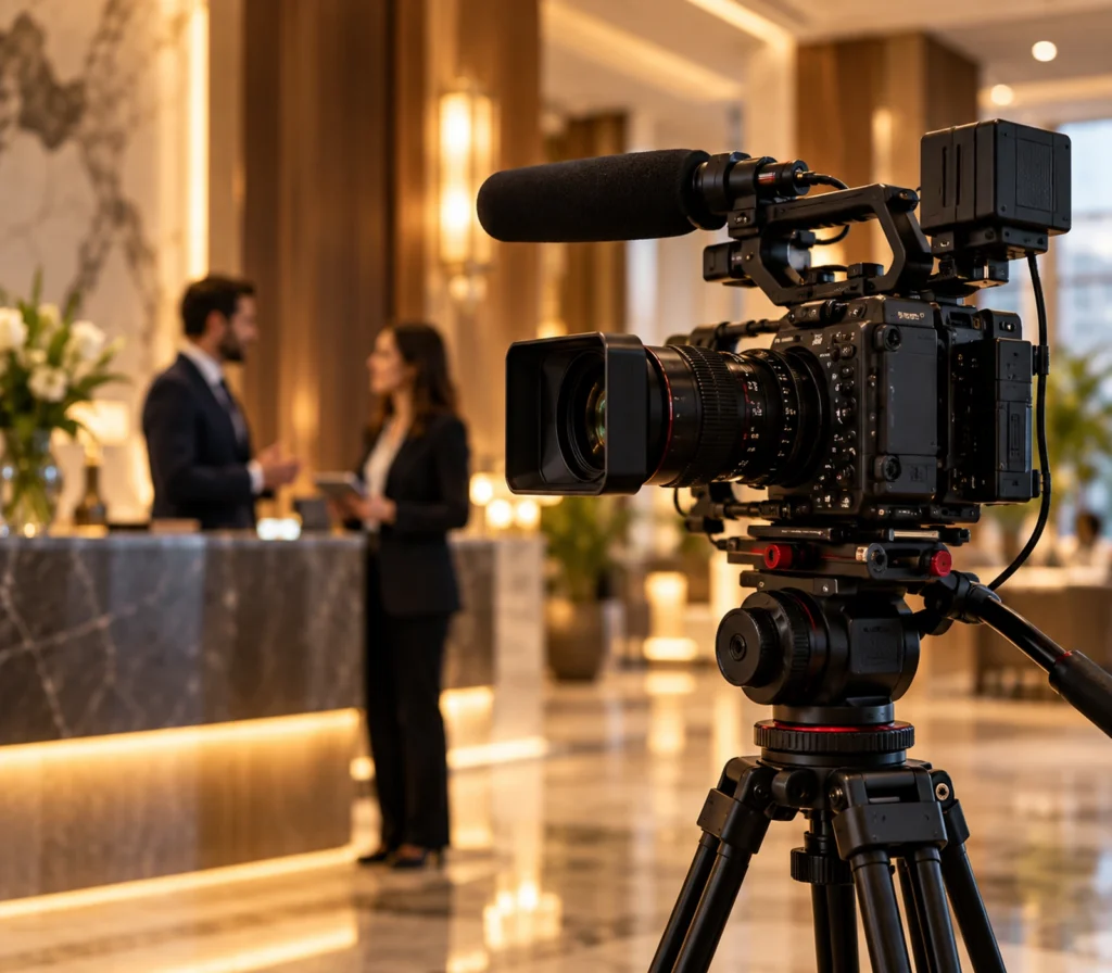 Kurumsal çekim ortamında profesyonel video kamera